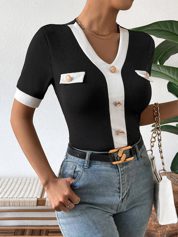 Contrast Trim Button Detail Tee