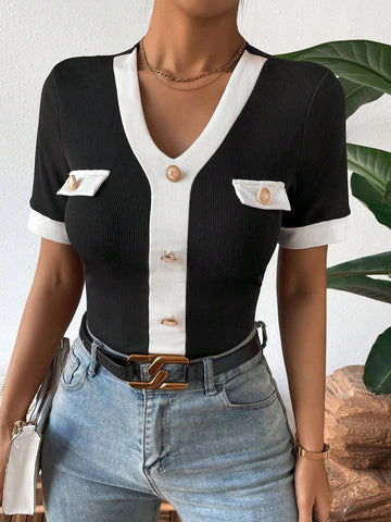 Contrast Trim Button Detail Tee