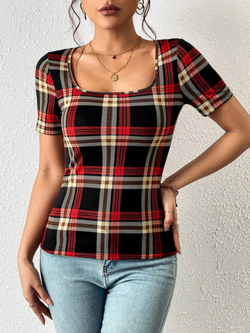 EMERY ROSE Plaid Print Square Neck Tee