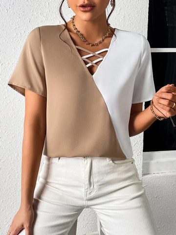 EMERY ROSE Two Tone Criss Cross Front Blouse