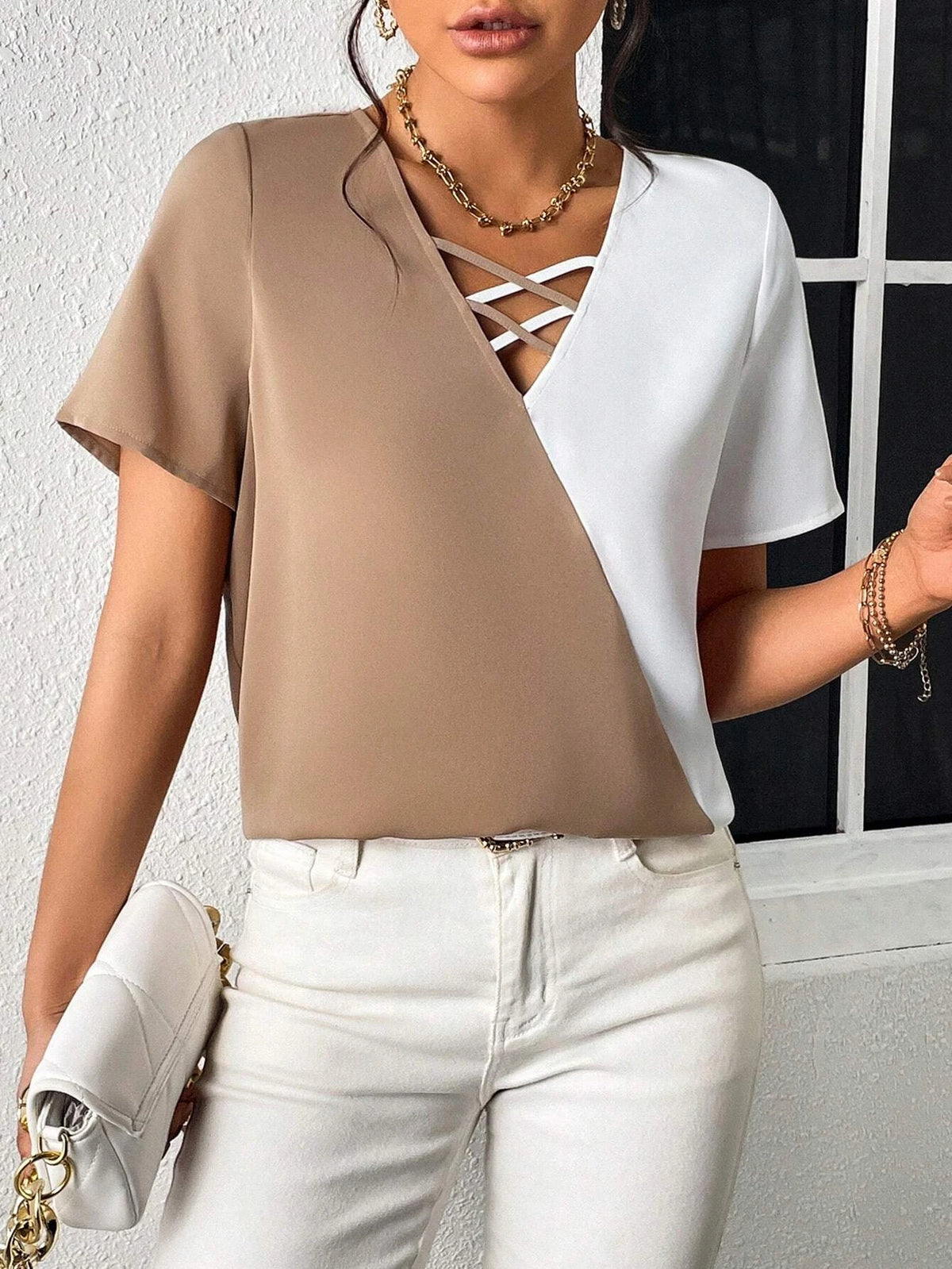 EMERY ROSE Two Tone Criss Cross Front Blouse