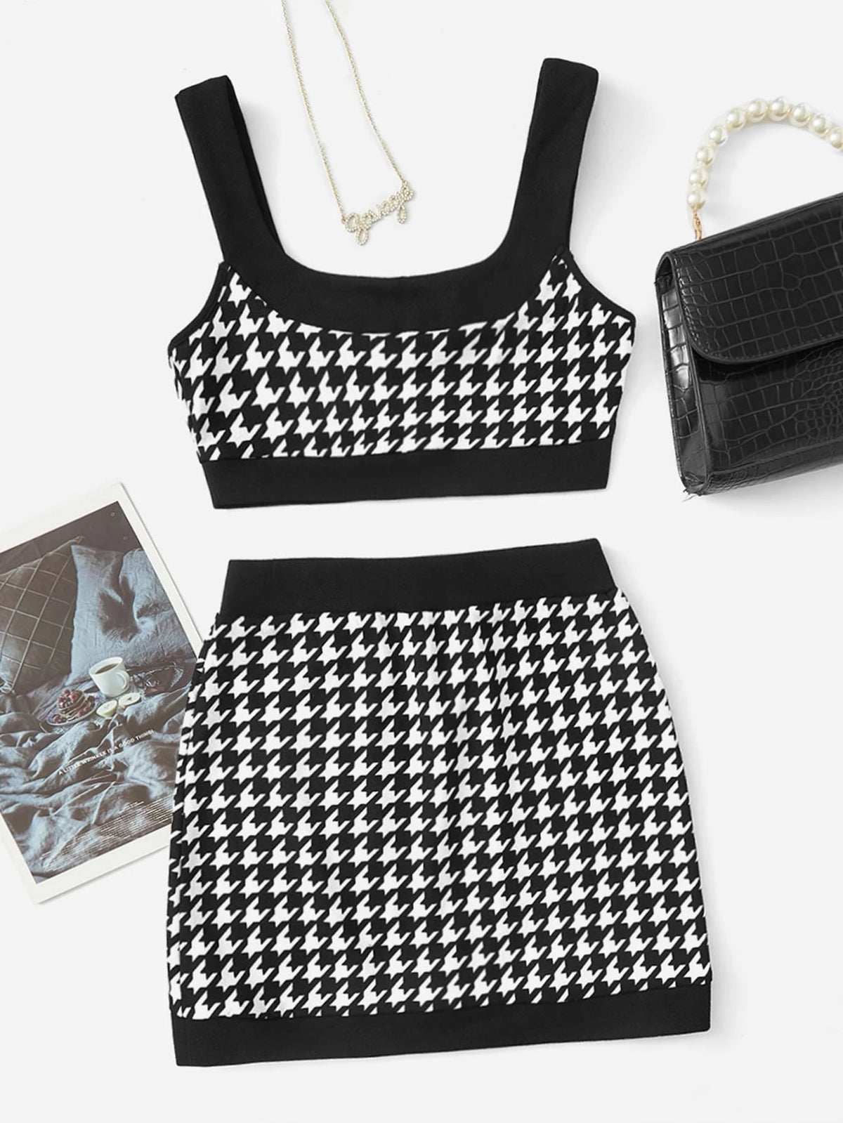Houndstooth Print Crop Tank Top & Bodycon Skirt