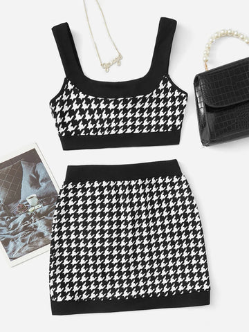 Houndstooth Print Crop Tank Top & Bodycon Skirt