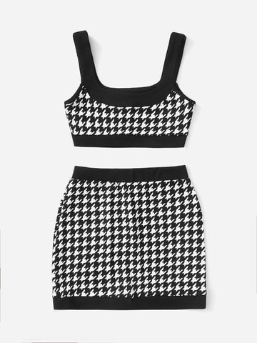 Houndstooth Print Crop Tank Top & Bodycon Skirt