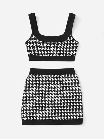 Houndstooth Print Crop Tank Top & Bodycon Skirt