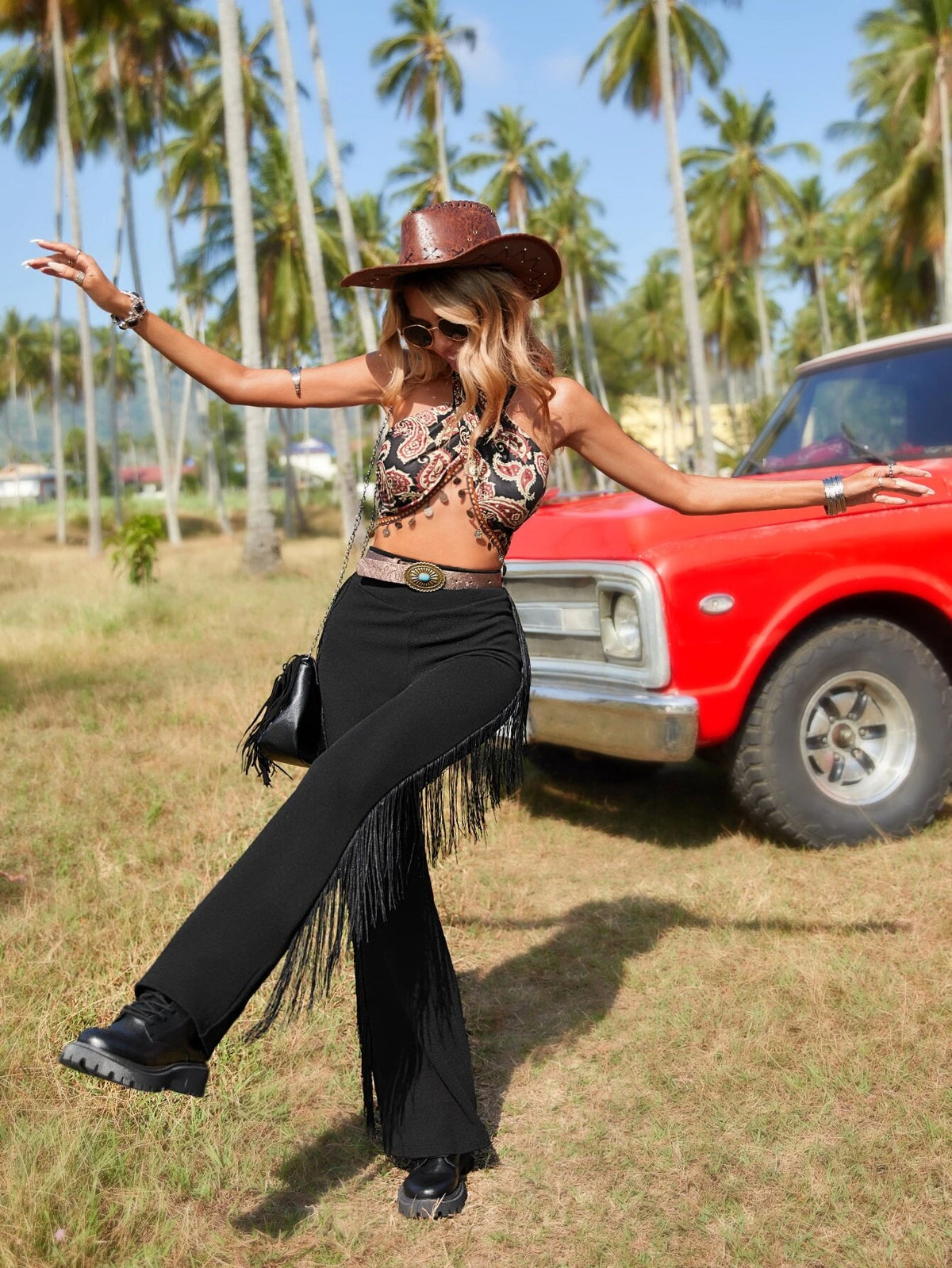 VCAY Fringe Trim Flare Leg Pants