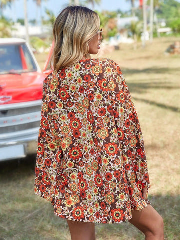 Allover Print Open Front Coat & Crop Halter Top & Shorts