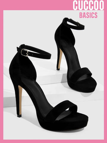 CUCCOO Basic Women Single Band Stiletto Heeled Sandals, Elegant Black Faux Suede Ankle Strap Sandals