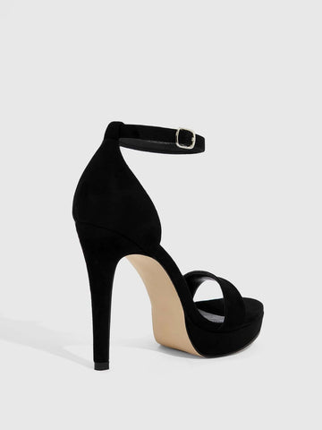 CUCCOO Basic Women Single Band Stiletto Heeled Sandals, Elegant Black Faux Suede Ankle Strap Sandals
