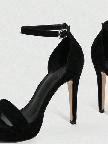 CUCCOO Basic Women Single Band Stiletto Heeled Sandals, Elegant Black Faux Suede Ankle Strap Sandals