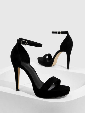 CUCCOO Basic Women Single Band Stiletto Heeled Sandals, Elegant Black Faux Suede Ankle Strap Sandals