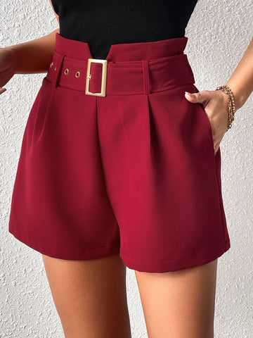 EMERY ROSE High Waist Plicated Detail Belted Shorts