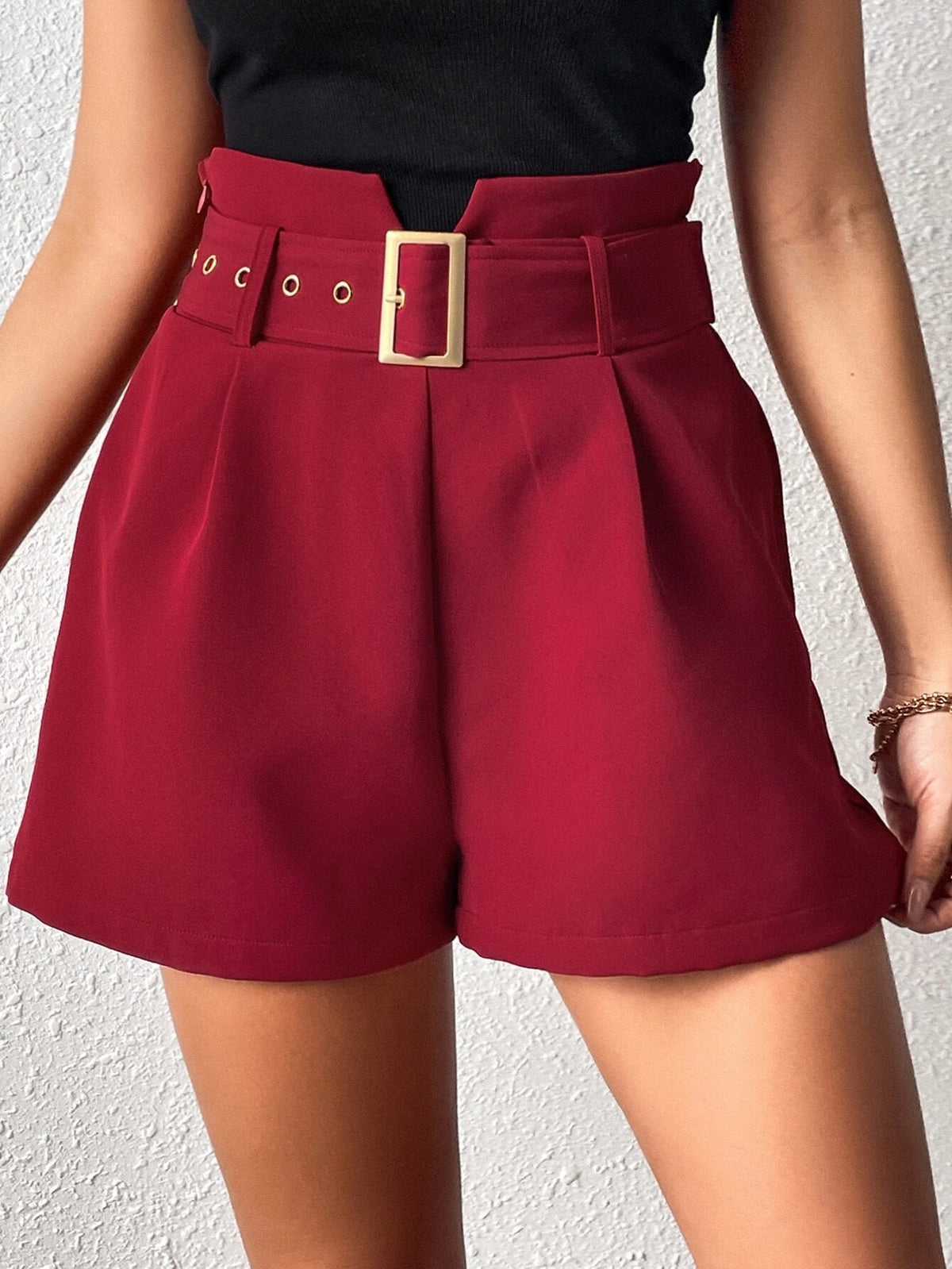 EMERY ROSE High Waist Plicated Detail Belted Shorts