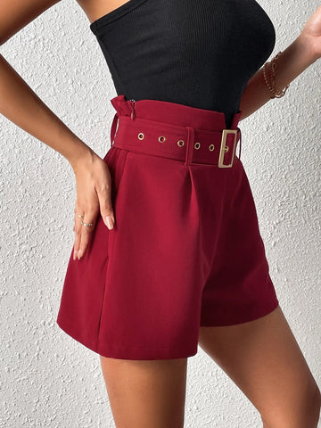 EMERY ROSE High Waist Plicated Detail Belted Shorts