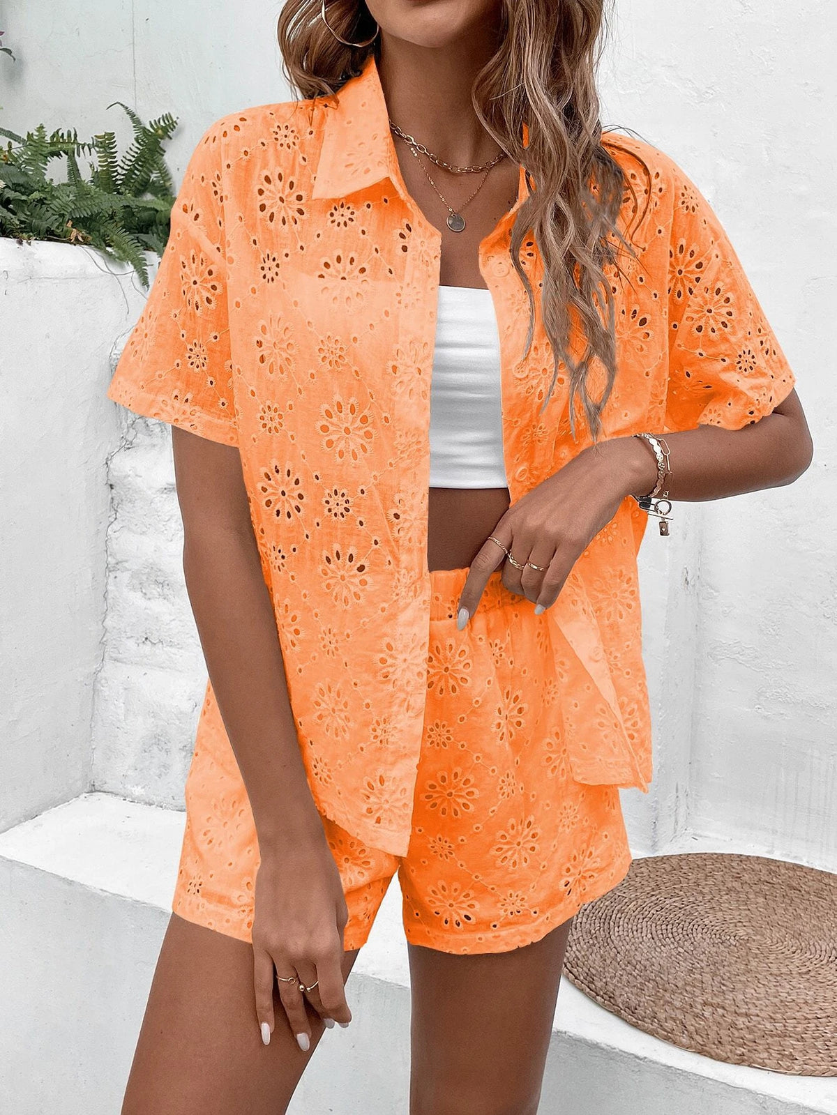 Eyelet Embroidery Drop Shoulder Shirt & Shorts