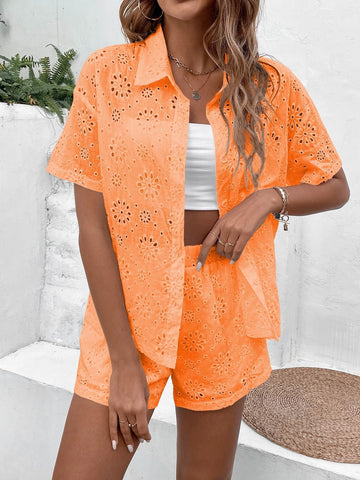 Eyelet Embroidery Drop Shoulder Shirt & Shorts