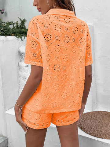 Eyelet Embroidery Drop Shoulder Shirt & Shorts