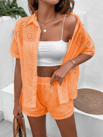 Eyelet Embroidery Drop Shoulder Shirt & Shorts