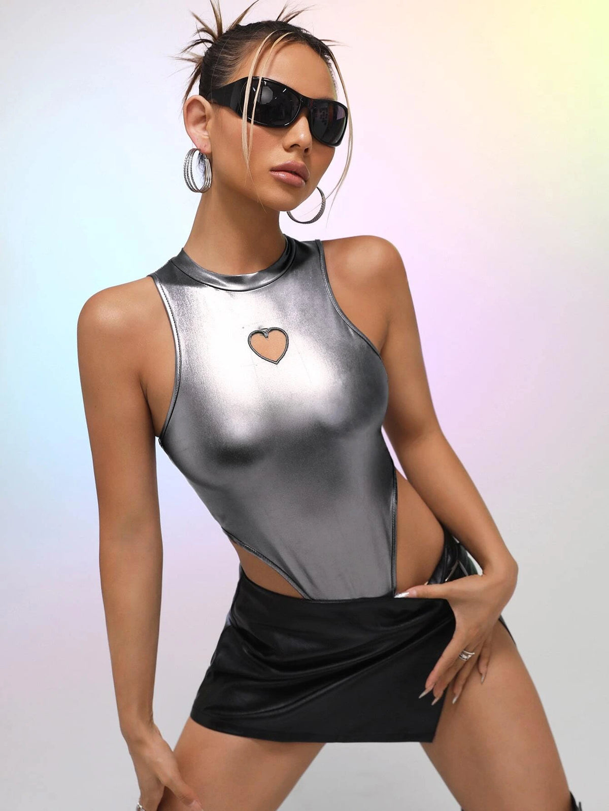 Heart Cut Out High Cut Metallic Bodysuit