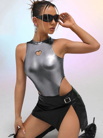 Heart Cut Out High Cut Metallic Bodysuit