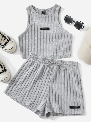 Letter Patched Detail Crop Tank Top & Drawstring Waist Shorts