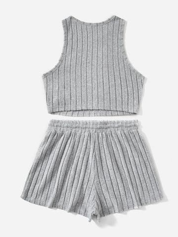 Letter Patched Detail Crop Tank Top & Drawstring Waist Shorts