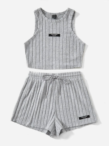 Letter Patched Detail Crop Tank Top & Drawstring Waist Shorts
