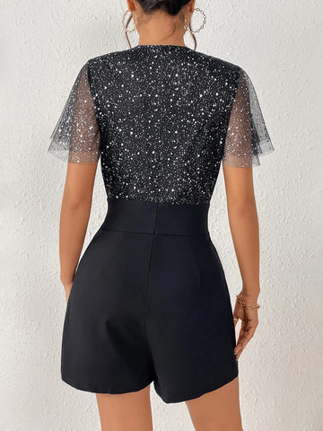 Contrast Mesh Butterfly Sleeve Romper