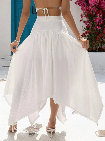 SXY Knot Front Contrast Lace Trim Hanky Hem Skirt