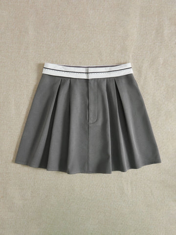 EZwear Contrast Trim Fold Pleated Detail Skirt