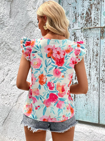 VCAY Floral Print Ruffle Trim Blouse