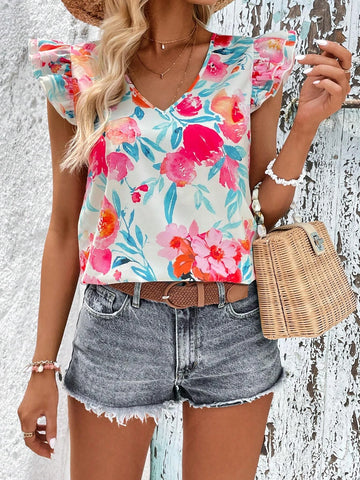 VCAY Floral Print Ruffle Trim Blouse