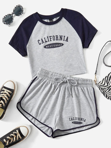 Letter Graphic Raglan Sleeve Crop Tee & Drawstring Waist Shorts