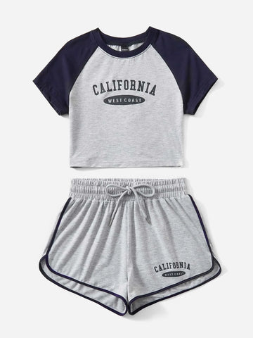 Letter Graphic Raglan Sleeve Crop Tee & Drawstring Waist Shorts