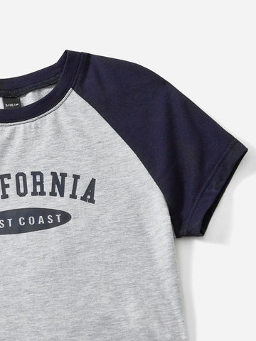 Letter Graphic Raglan Sleeve Crop Tee & Drawstring Waist Shorts