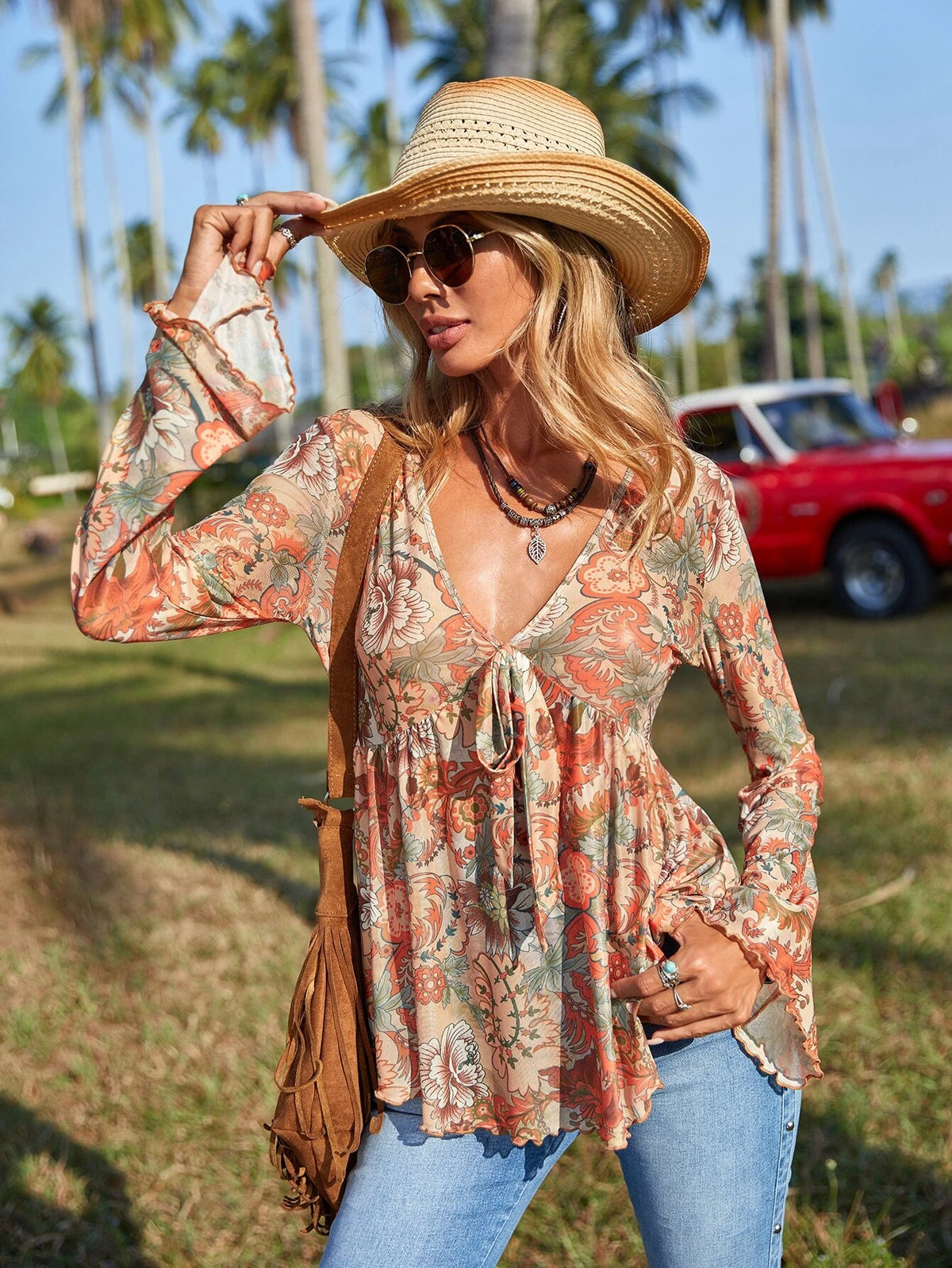 VCAY Allover Print Knot Front Flounce Sleeve Peplum Blouse