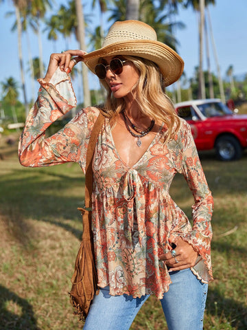 VCAY Allover Print Knot Front Flounce Sleeve Peplum Blouse