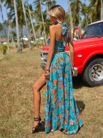 Tropical Print Crisscross Tie Backless Halter Top & Split Thigh Skirt