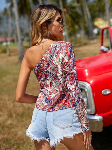 VCAY Paisley Print One Shoulder Puff Sleeve Blouse