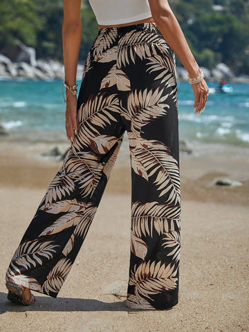 Tropical Print Wide Leg Tie Front Pants