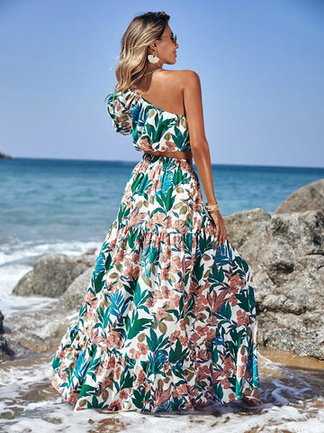 Tropical Print One Shoulder Crop Top & Split Thigh Ruffle Hem Skirt