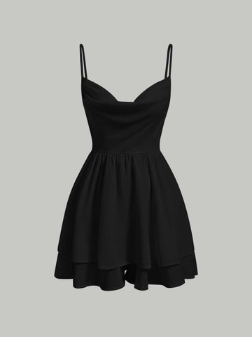 Solid Draped Collar Cami Romper
