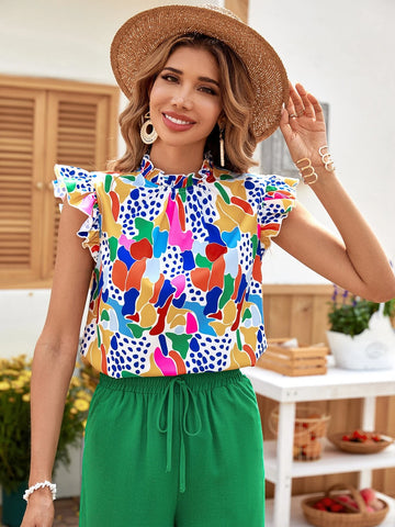EMERY ROSE 1pc Allover Print Ruffle Trim Mock Neck Blouse