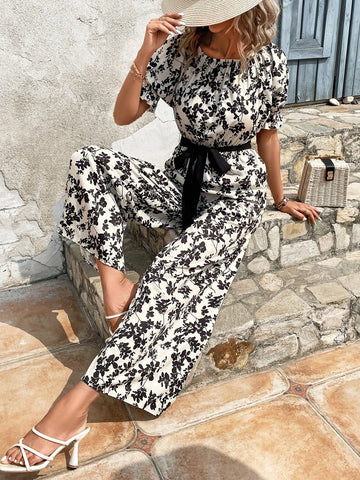 EMERY ROSE Allover Floral Print Puff Sleeve Belted Wide Leg Jumpsuit