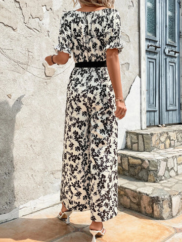 EMERY ROSE Allover Floral Print Puff Sleeve Belted Wide Leg Jumpsuit