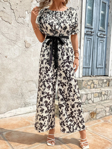 EMERY ROSE Allover Floral Print Puff Sleeve Belted Wide Leg Jumpsuit