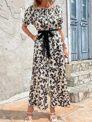 EMERY ROSE Allover Floral Print Puff Sleeve Belted Wide Leg Jumpsuit