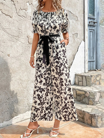 EMERY ROSE Allover Floral Print Puff Sleeve Belted Wide Leg Jumpsuit