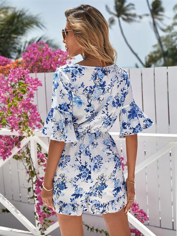 Floral Print Flounce Sleeve Ruffle Hem Romper