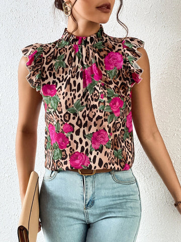EMERY ROSE Floral & Leopard Print Ruffle Trim Mock Neck Blouse